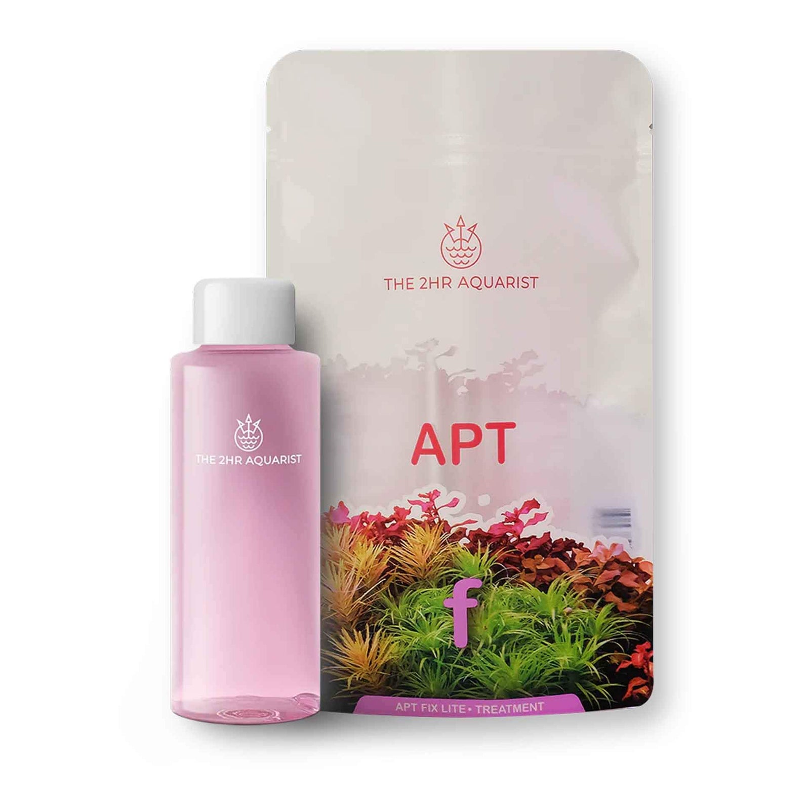 A product packaging for 2Hr Aquarist APT FIXLITE, featuring a pink bottle in front of a floral design, with information and branding on the packaging.