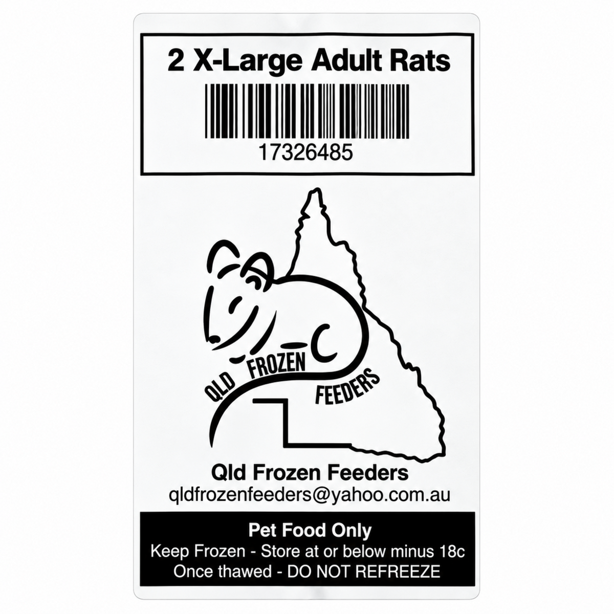Frozen Feeder Rat - X-Large Adult - 2 Pack - Frozen Food - In store Pick Up Only**