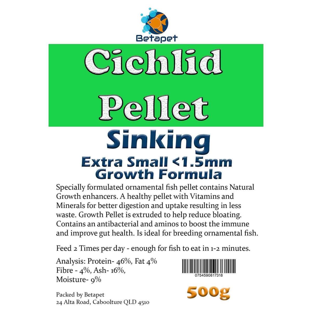Betapet Cichlid Growth Pellet 500g (Extra Small <1.5mm Size Sinking Pellet)