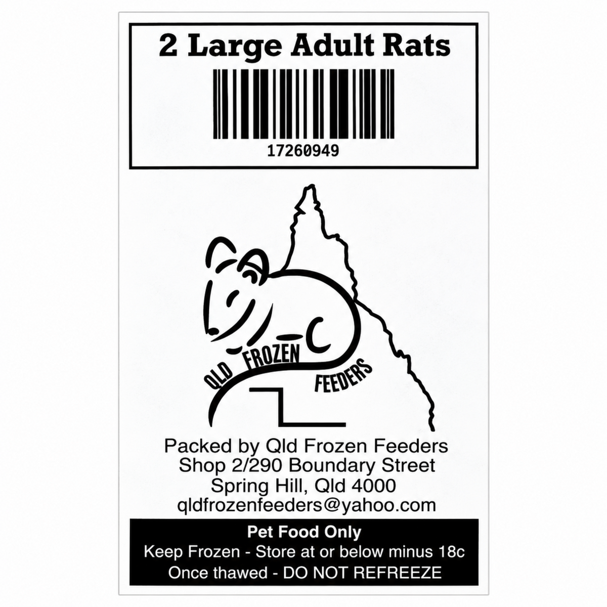 Frozen Feeder Rat - Large Adult - Pack of 2 - Frozen Food - In store Pick Up Only