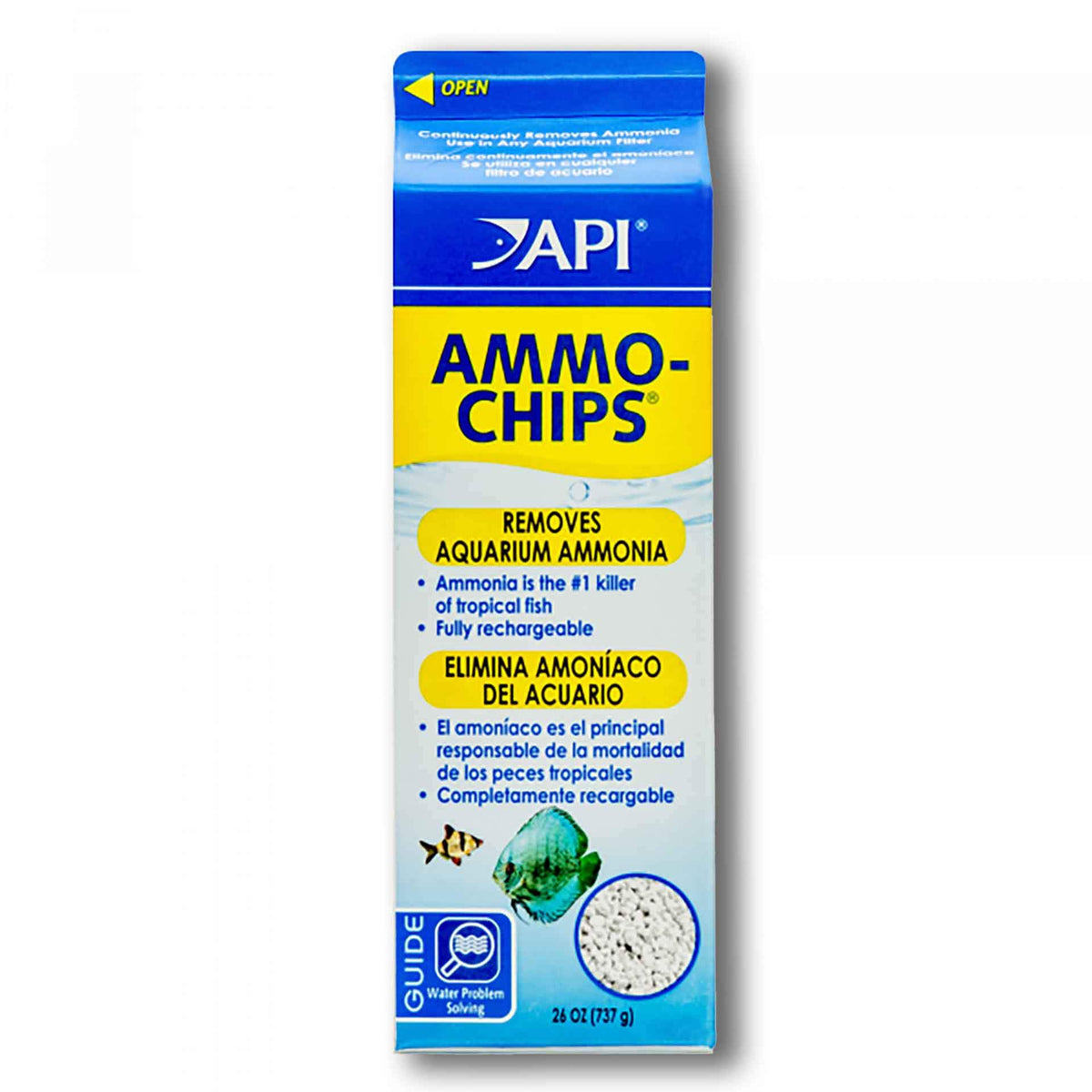 Packaging of API Ammo Chips for aquarium water treatment, showing the product name and its function as an ammonia remover.