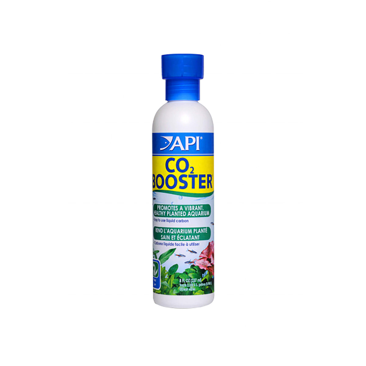 A bottle of API CO2 Booster plant fertiliser with a label showing aquatic plants and information about the product.