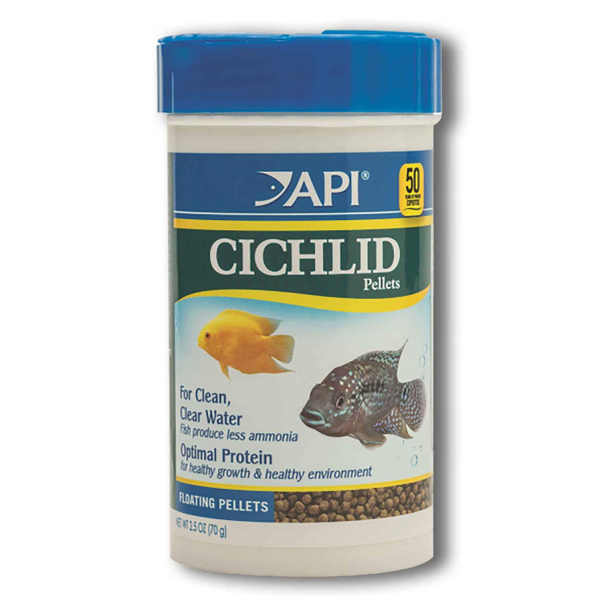 Container of API Cichlid Medium Pellets with information and images of cichlids on the label.