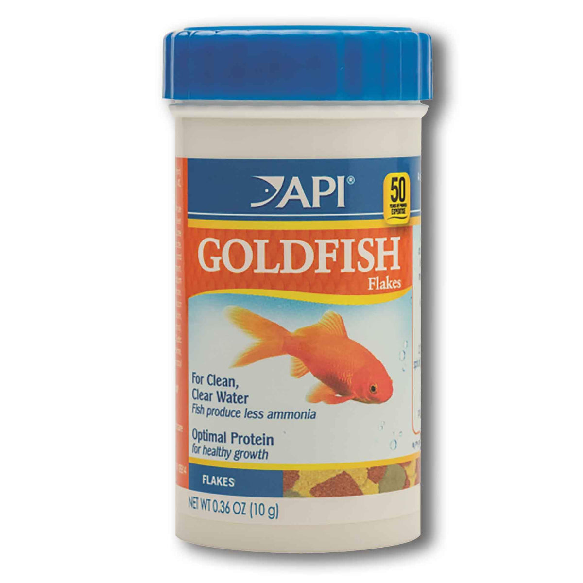 A container of API Goldfish Flakes featuring an image of a goldfish, with text highlighting the food is for clean, clear water and optimal protein for healthy growth.