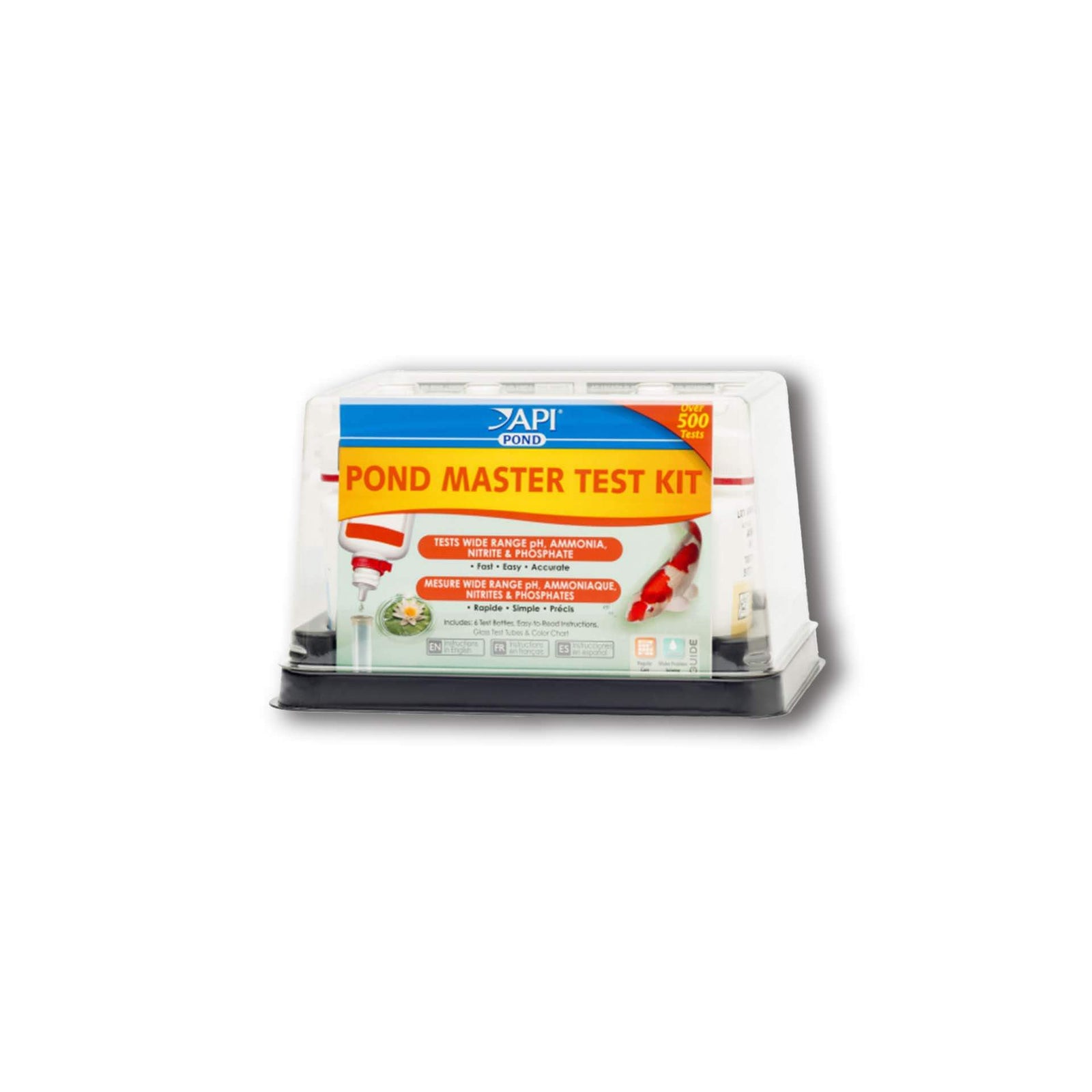API Pond Master Test Kit in packaging, designed to test pH, ammonia, nitrite, and phosphate in freshwater ponds.