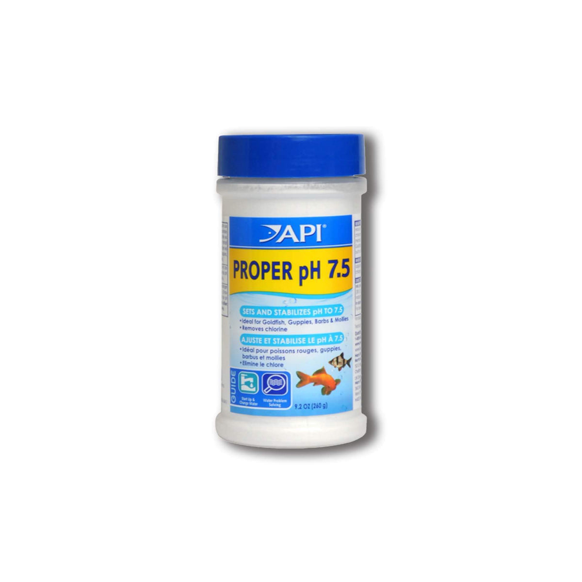 A white jar with a blue lid labeled 'API PROPER pH 7.5' for aquarium water treatment.