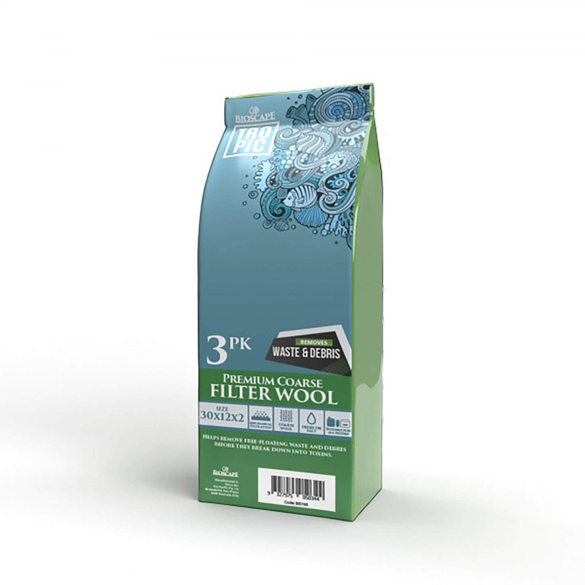 Bioscape Premium Coarse Filter Wool - 32 x 12 x 02cm Blue Sheets - Pack of 3
