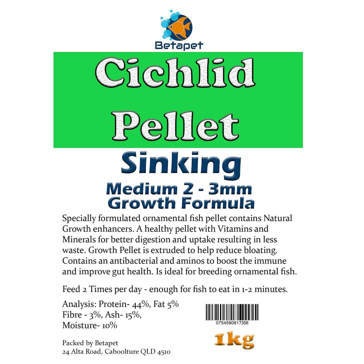 Betapet Cichlid Growth Pellet 1Kg (Medium 2-3mm Size Sinking Pellet)