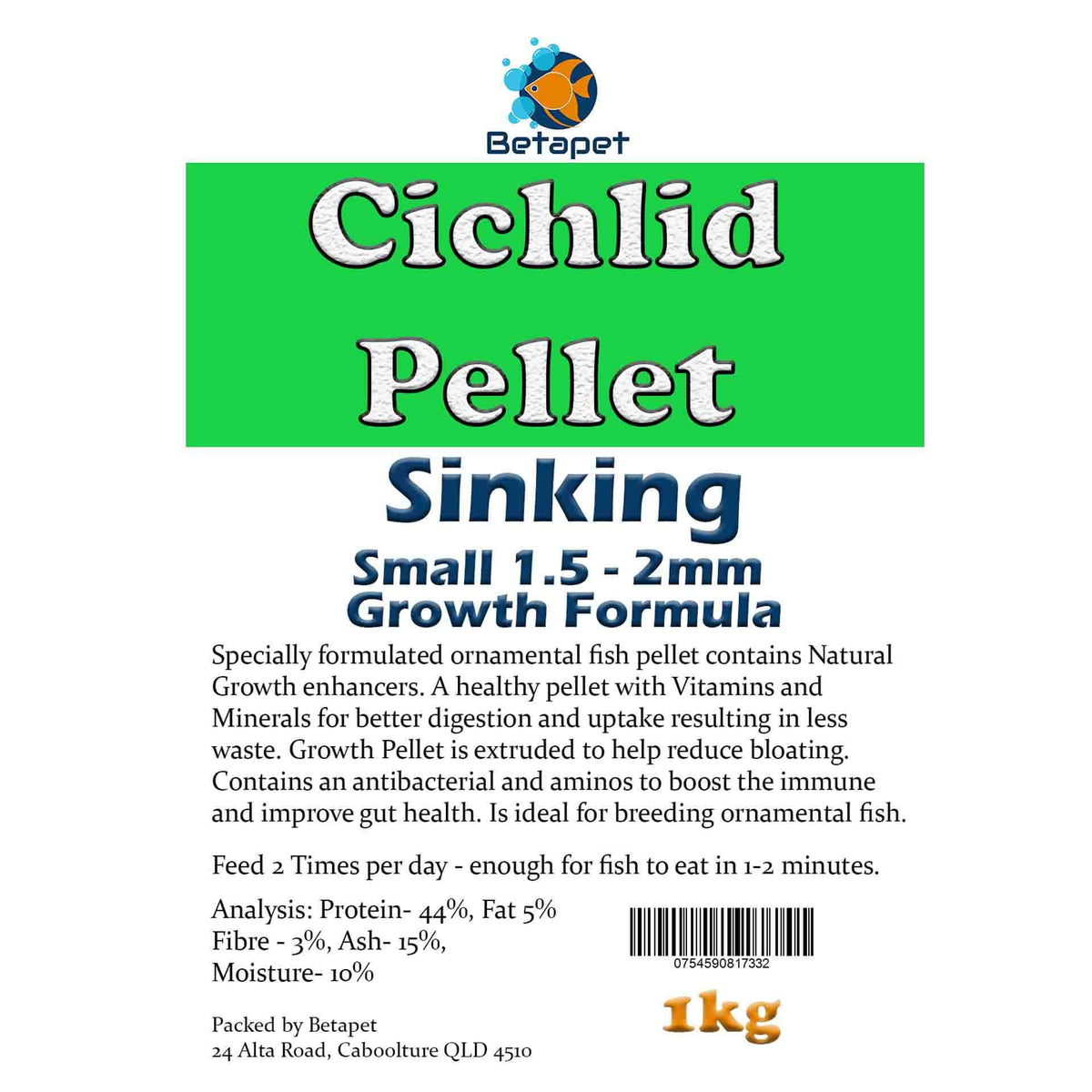 Betapet Cichlid Growth Pellet 1Kg (Small 1.5-2mm Size Sinking Pellet)