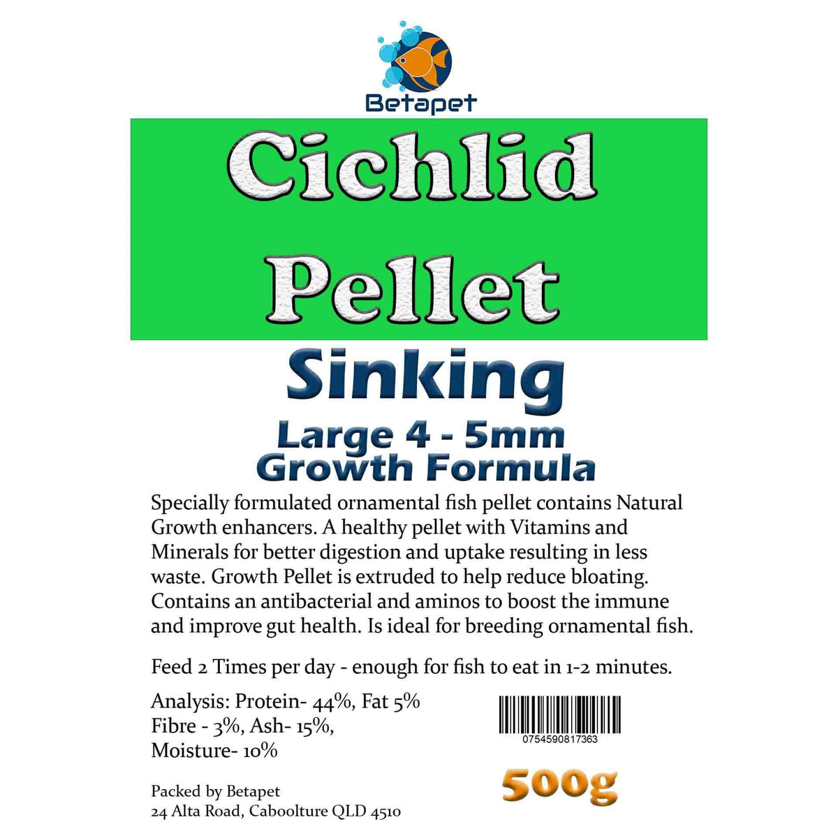 Betapet Cichlid Growth Pellet 500g (Large 4-5mm Size Sinking Pellet)