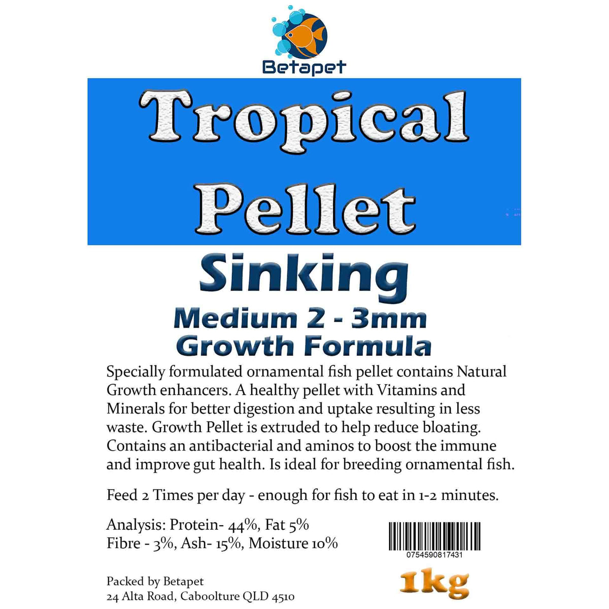 Betapet Tropical Pellet 1Kg (Medium 2-3mm Size Sinking Pellet)