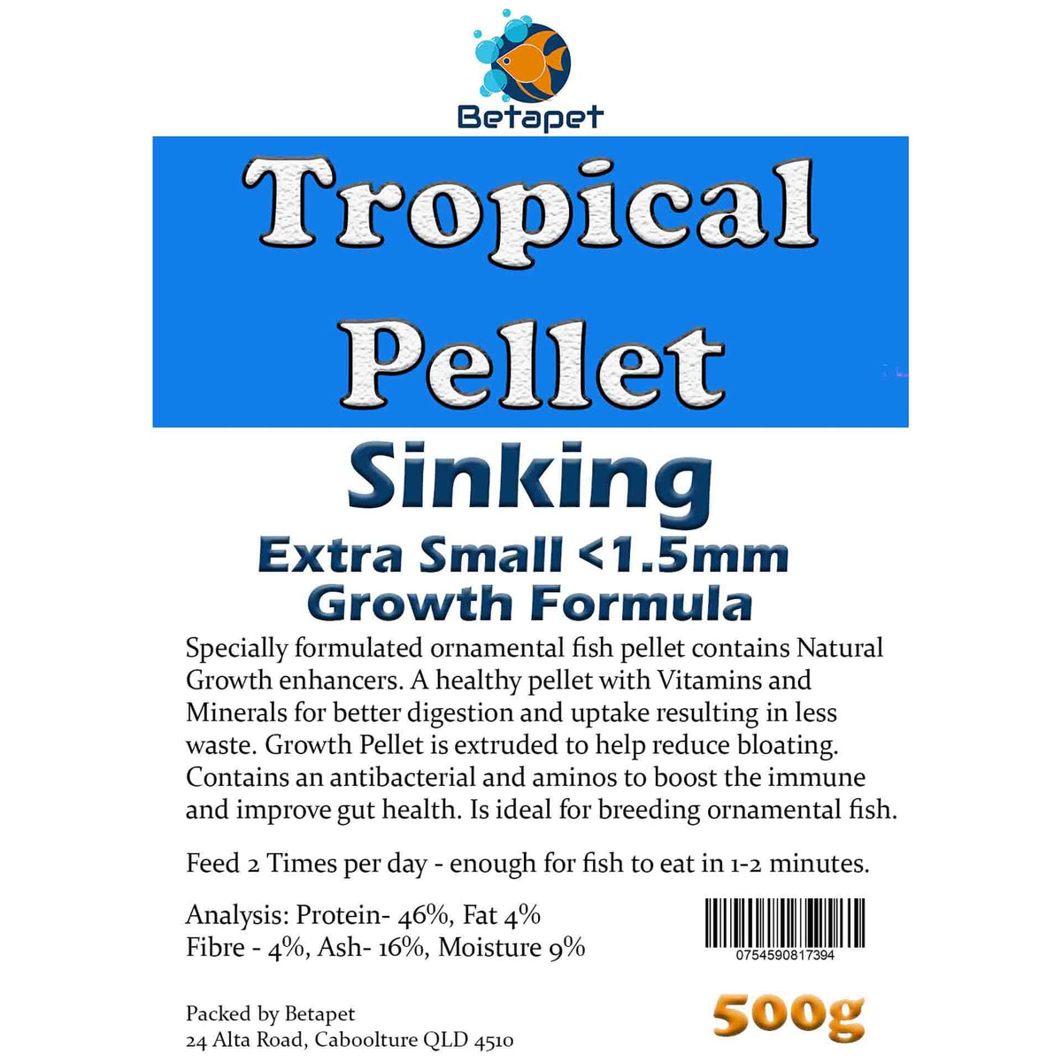 Betapet Tropical Pellet 500g (Extra Small <1.5mm Size Sinking Pellet)