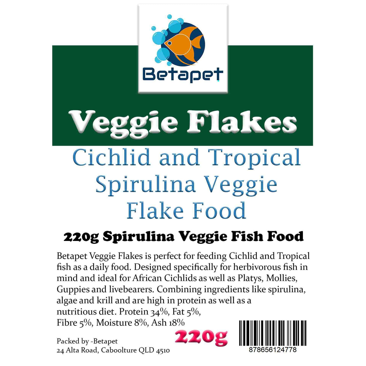 Betapet Veggie Flakes 220g Spirulina Vegetable Flake Fish Food