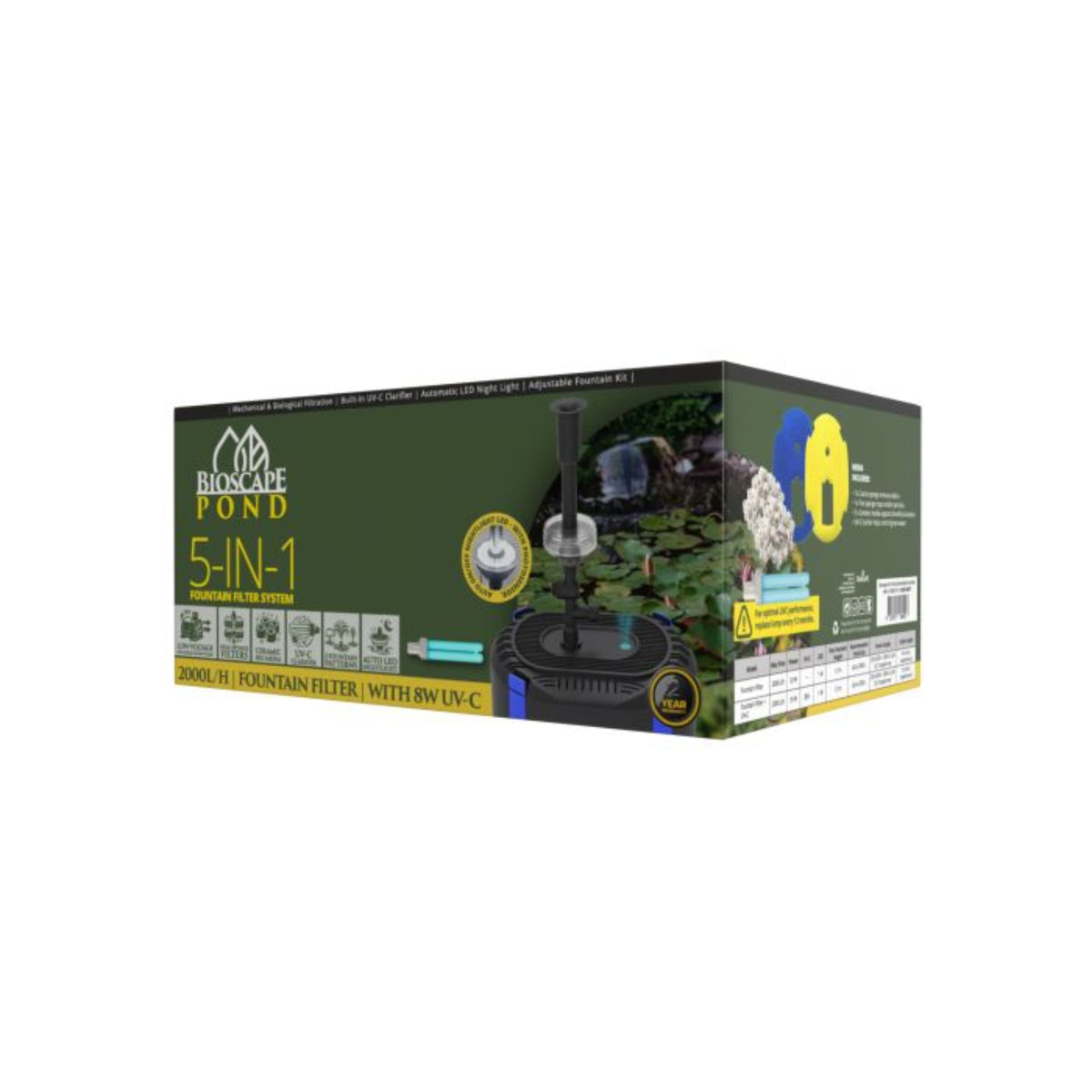 Bioscape All in One Submersible Pond / Fountain Filter 2000lph with 8W UVC