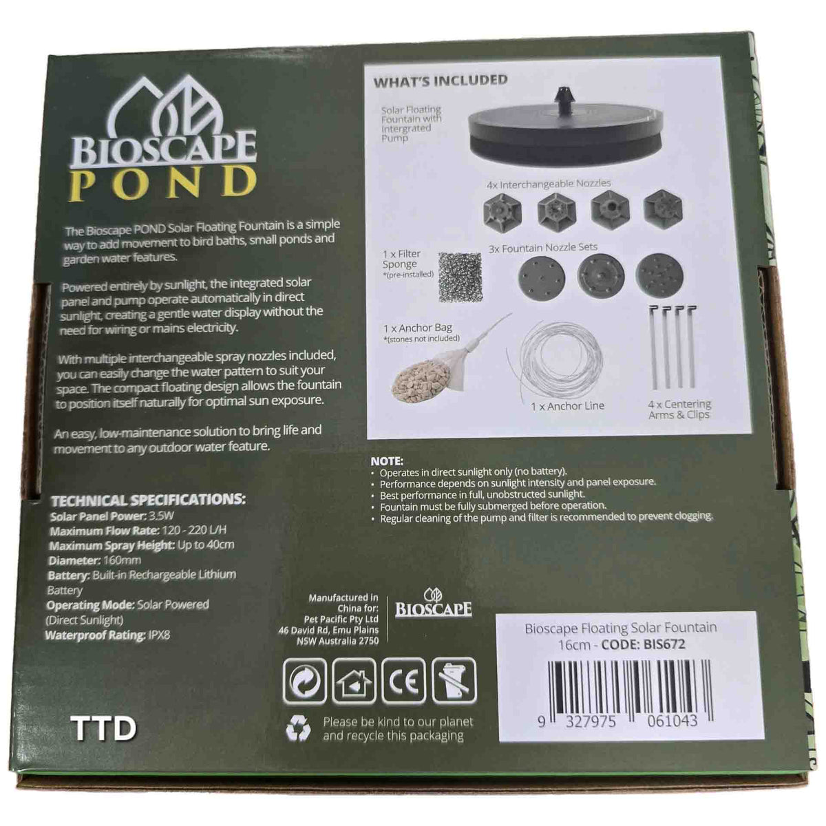 Bioscape Floating Solar Fountain 16cm