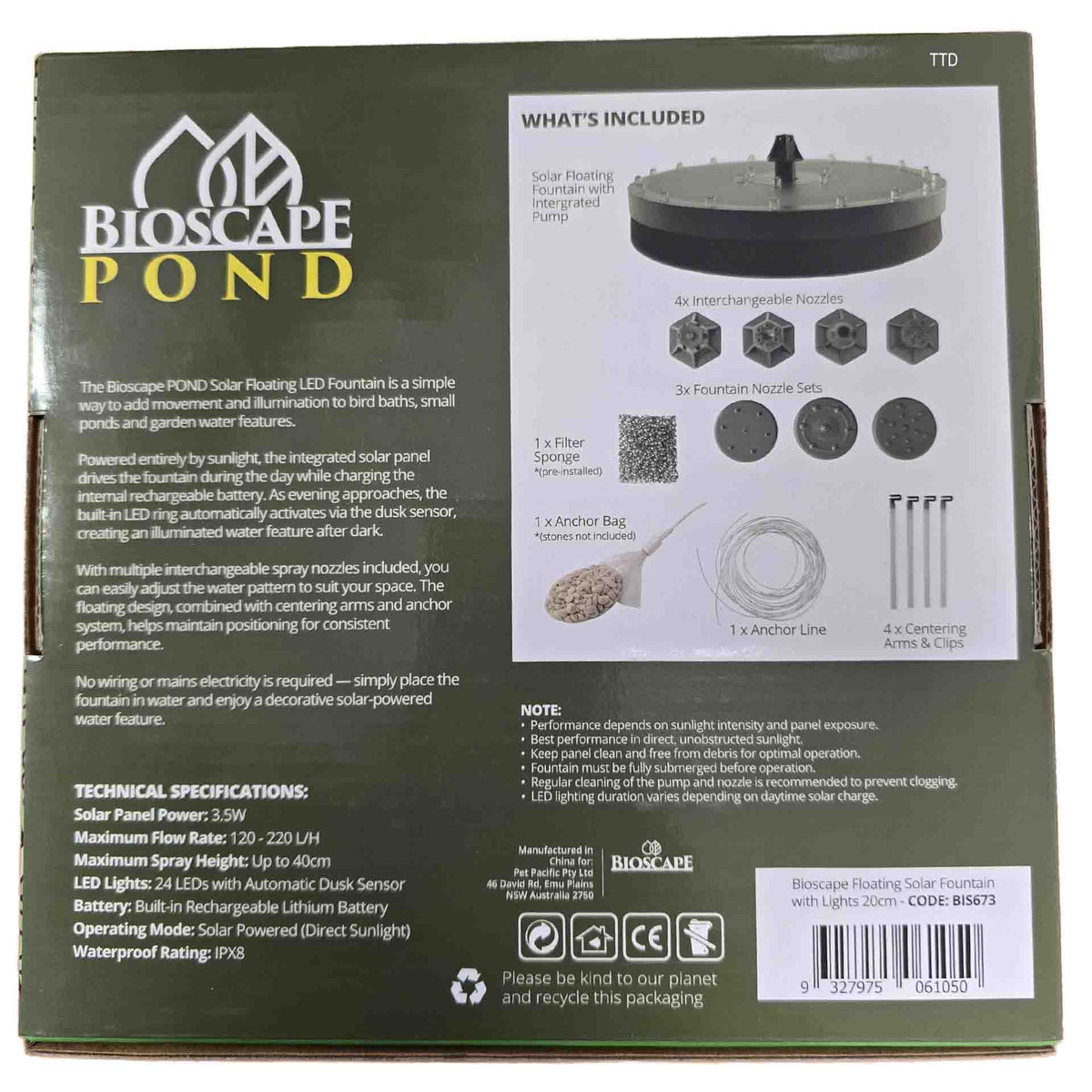 Bioscape Floating Solar Fountain with LED Lights 20cm
