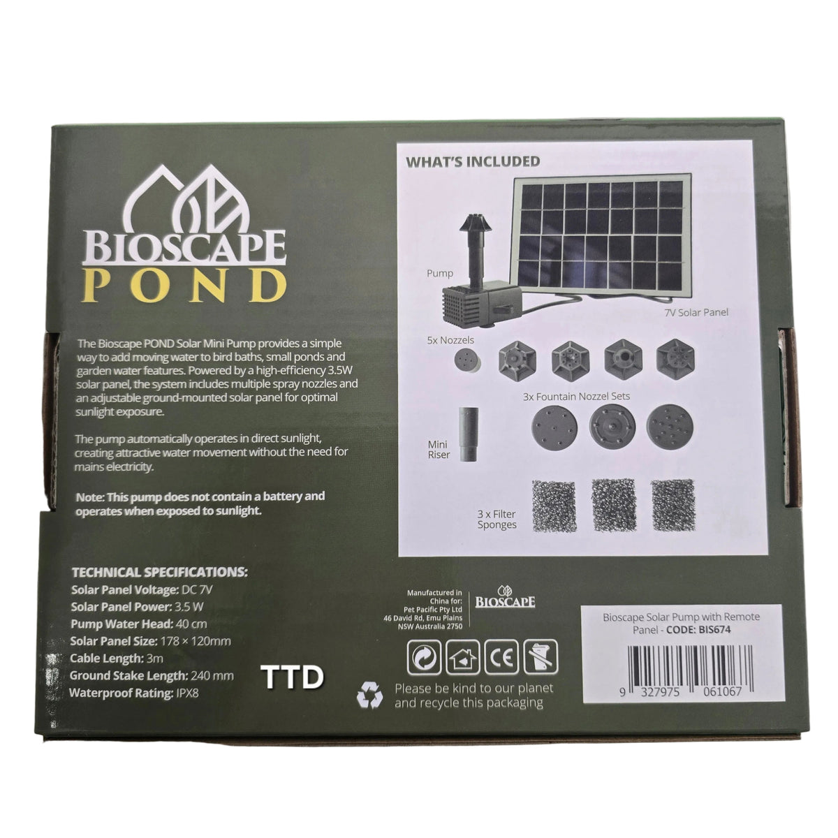 Bioscape Solar Mini Pump with Remote Panel