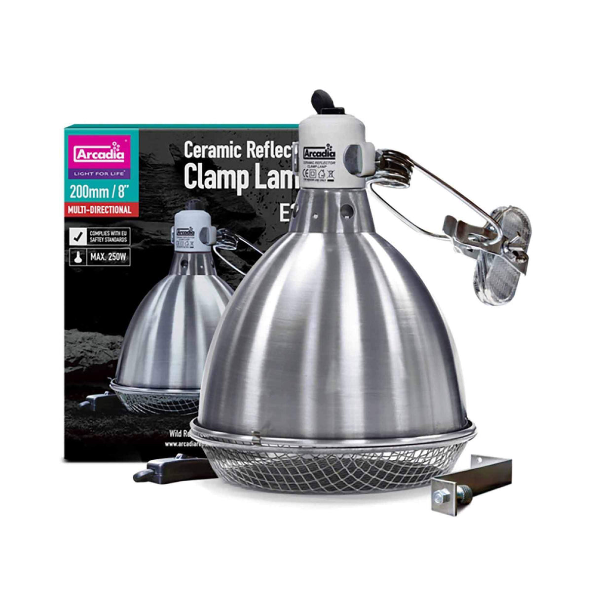 Arcadia Ceramic Clamp Lamp + E27 Lampholder 20cm - Stainless Steel