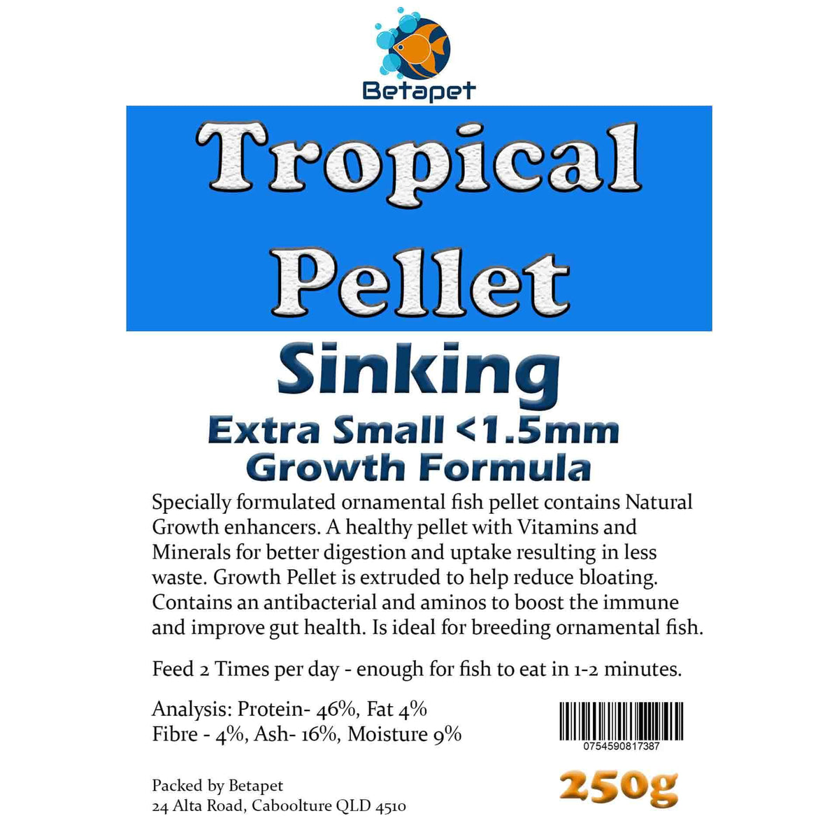 Betapet Tropical Pellet 250g (Extra Small <1.5mm Size Sinking Pellet)