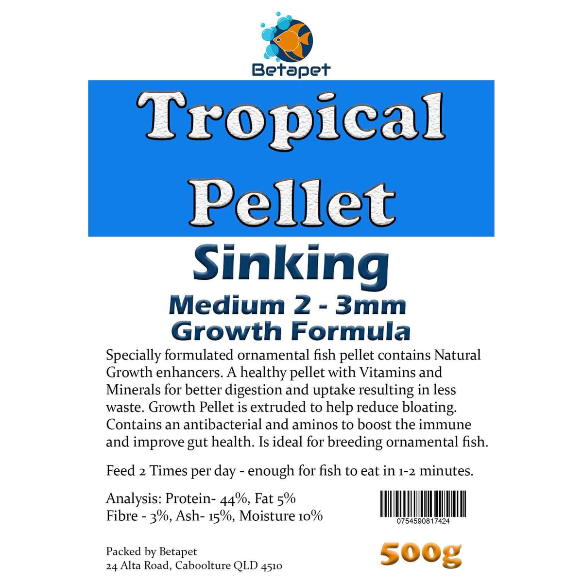 Betapet Tropical Pellet 500g (Medium 2-3mm Size Sinking Pellet)