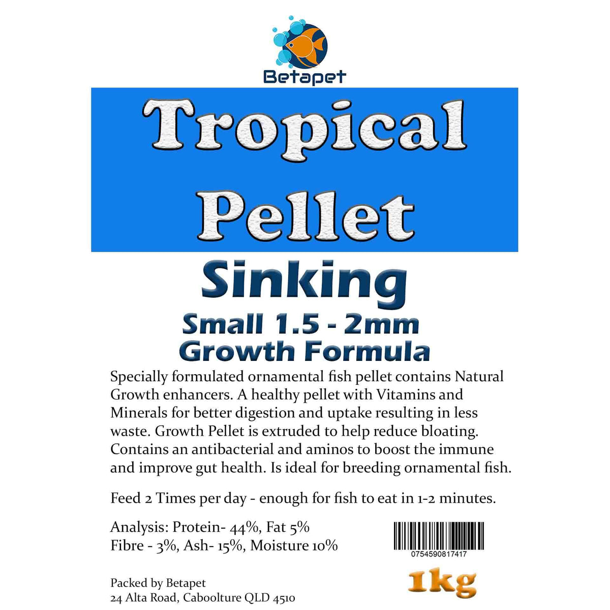 Betapet Tropical Pellet 1Kg (Small 1.5-2mm Size Sinking Pellet)