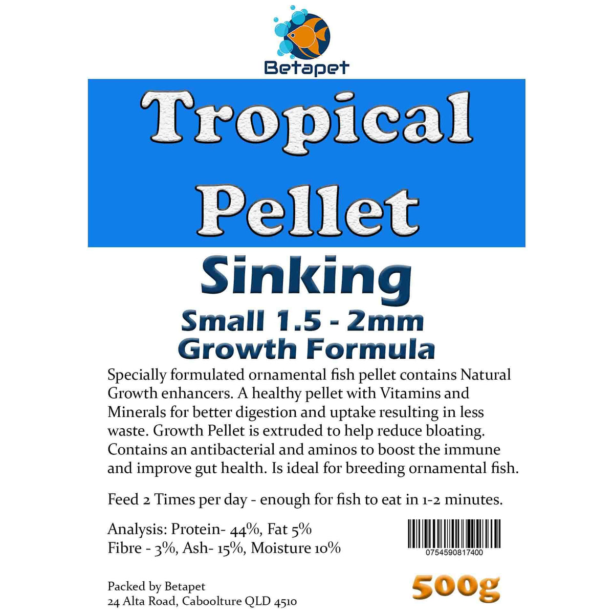 Betapet Tropical Pellet 500g (Small 1.5-2mm Size Sinking Pellet)