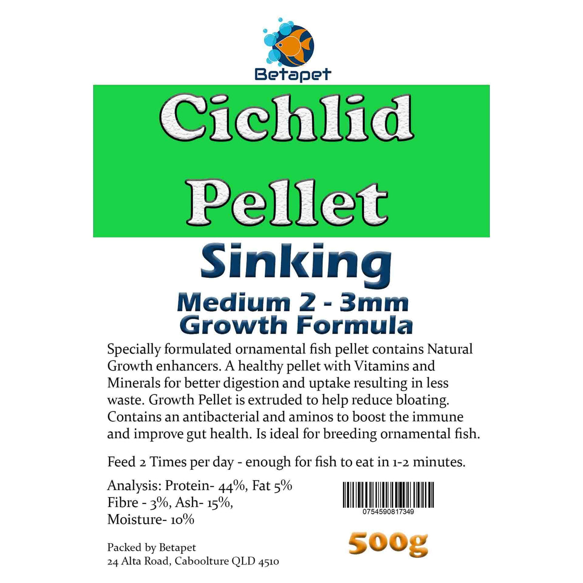 Betapet Cichlid Growth Pellet 500g (Medium 2-3mm Size Sinking Pellet)