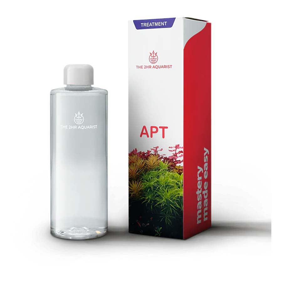 A product image showing a bottle and box of 2Hr Aquarist APT Fix, an algae treatment solution for aquariums.