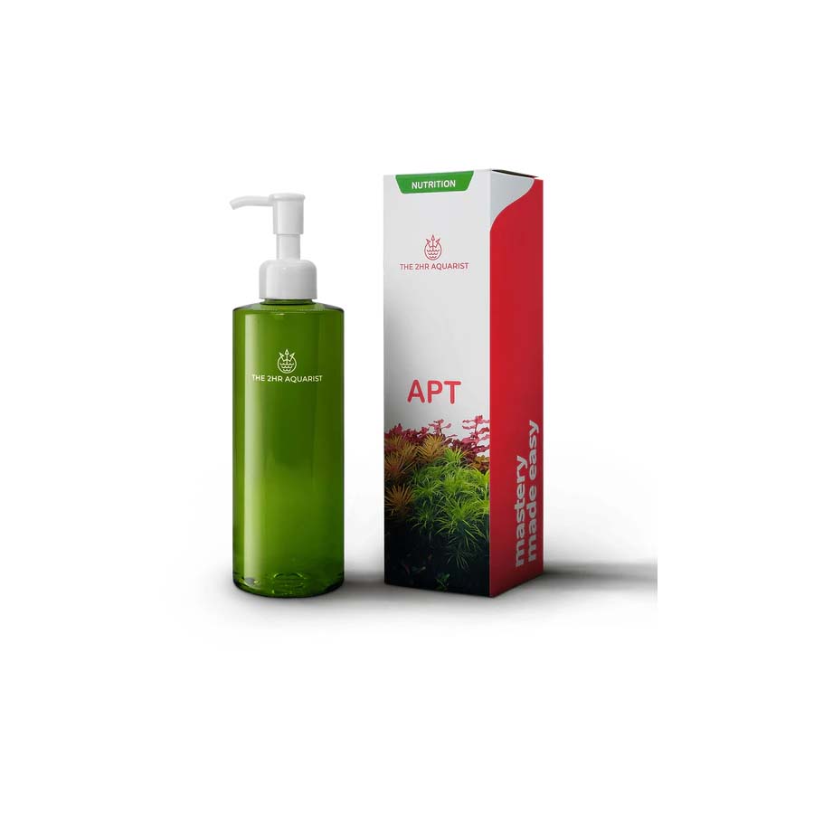 A product image showing a bottle and box of 2Hr Aquarist APT Zero 300ml, designed for plant fertilization in aquariums.
