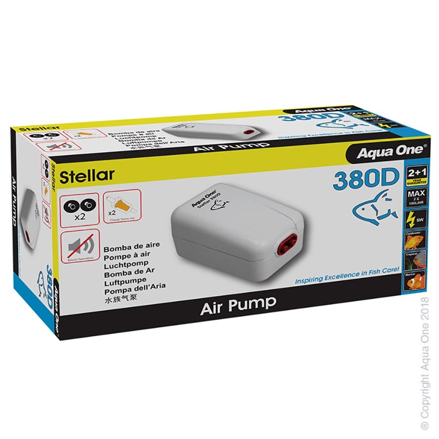 Aqua One Stellar 380D Air Pump 2 x 190l/h - Dual Outlet