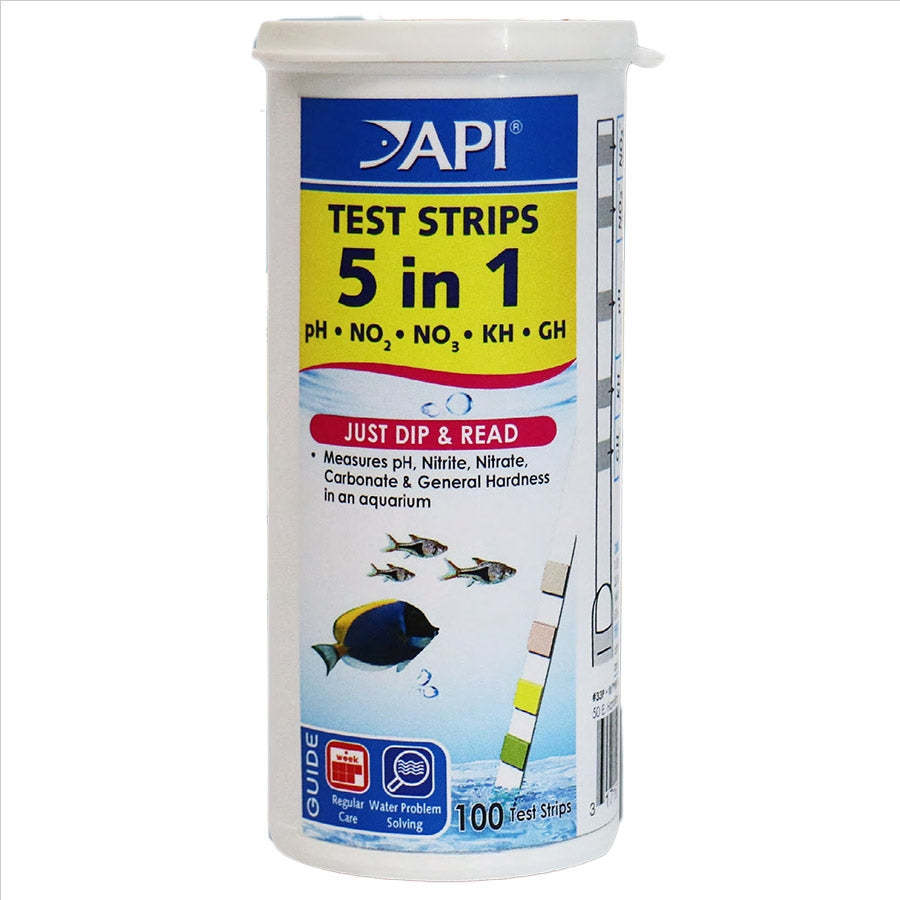 A pack of API brand 5 in 1 aquarium test strips in a white container with color charts and fish illustrations on the label.
