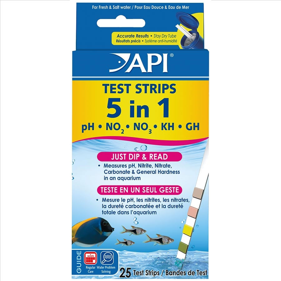 Packaging of API 5 in 1 Aquarium Test Strips for measuring pH, Nitrite, Nitrate, General Hardness and Carbonate Hardness in aquarium water.