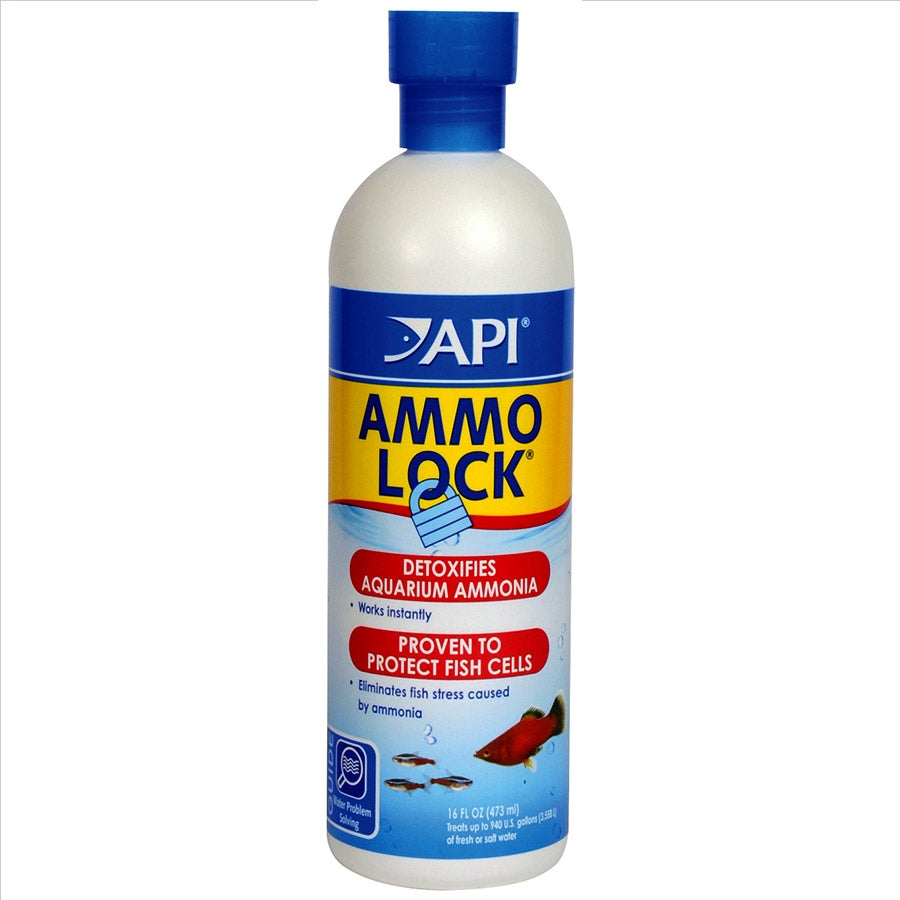 A bottle of API Ammo Lock, a water treatment product for aquariums, with a label showing a red and white color scheme and images of fish.
