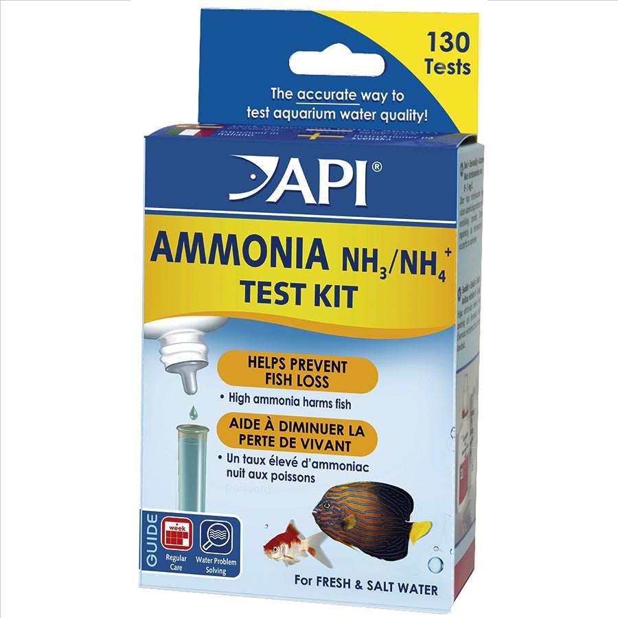 Packaging of API Ammonia Test Kit for aquarium water quality testing, indicating the kit contains 130 tests and is suitable for both fresh and salt water.