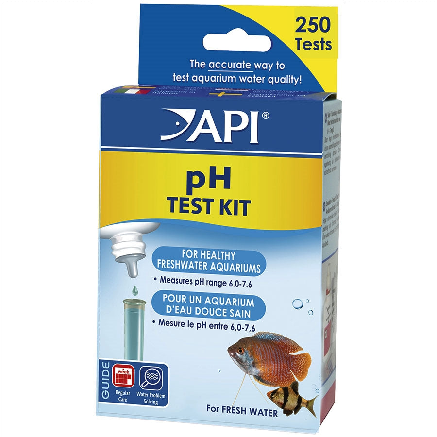 Packaging of API pH Test Kit for freshwater aquariums, with a claim of 250 tests.