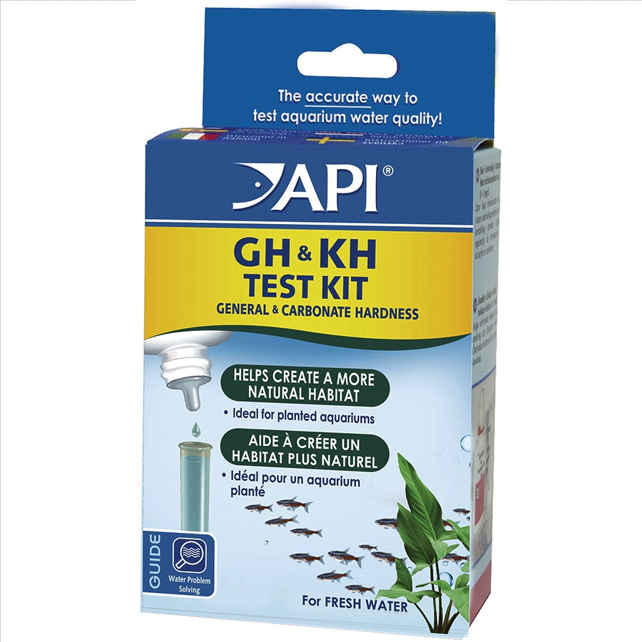 Packaging of API GH & KH Test Kit for measuring general and carbonate hardness in freshwater aquarium water.