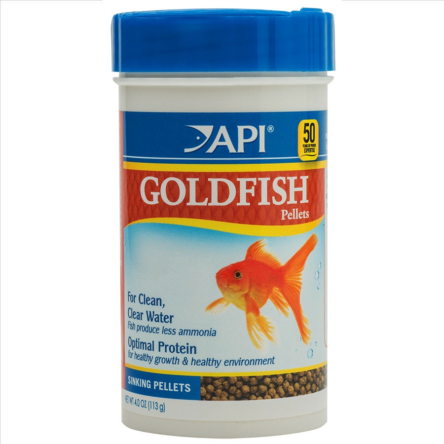Container of API Goldfish Sinking Pellets with a picture of a goldfish on the label.