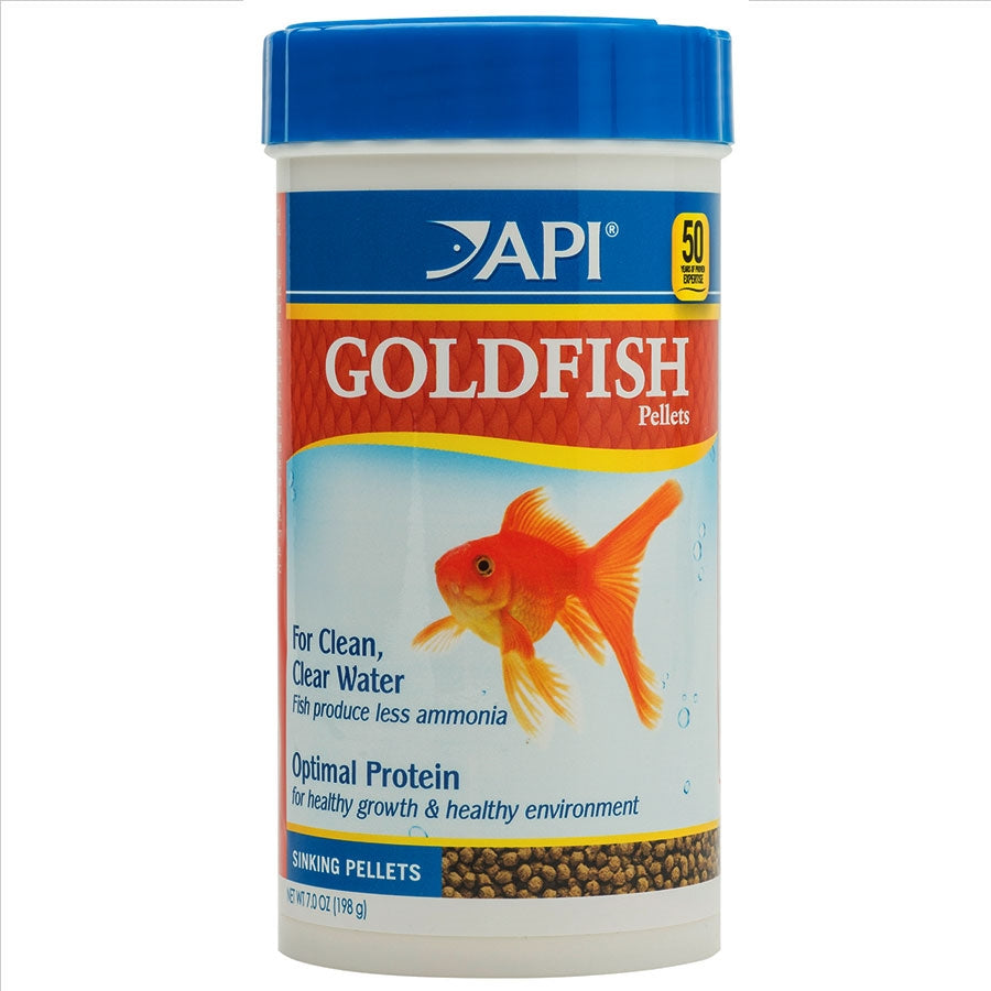 A container of API Goldfish Sinking Pellets with a picture of a goldfish on the label.