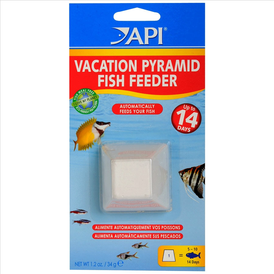 Packaging of API Vacation Pyramid Fish Feeder with a clear window showing a pyramid-shaped feeder block, with images of fish and text providing product information.