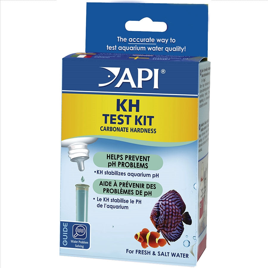 Packaging of API Aquarium KH Carbonate Hardness Test Kit for fresh and saltwater aquariums.