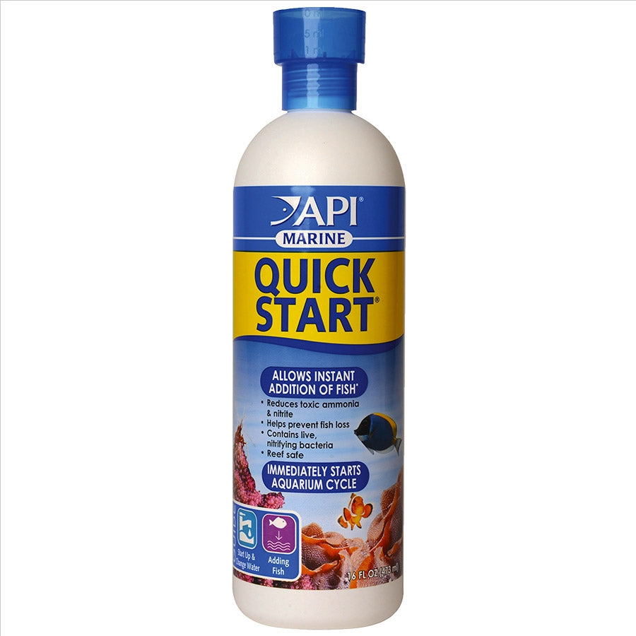 A bottle of API Marine Quick Start, a water treatment product for aquariums.