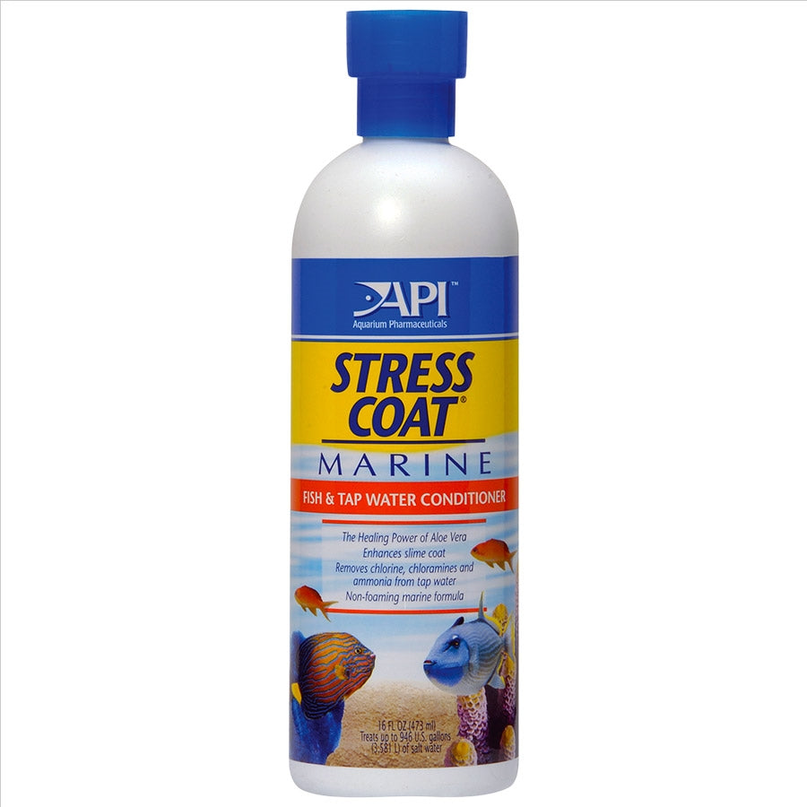 A bottle of API Marine Stress Coat water conditioner for aquariums.