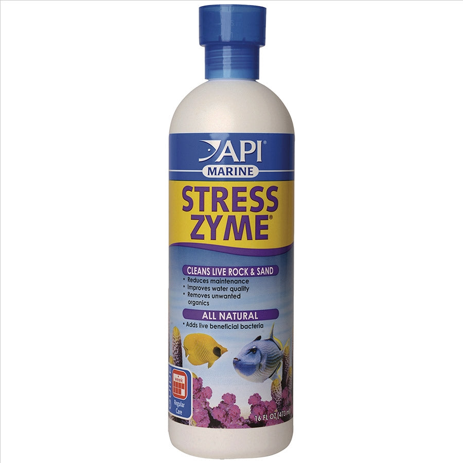 A bottle of API Marine Stress Zyme, which is a water treatment for marine aquariums to improve biological filtration and reduce sludge.