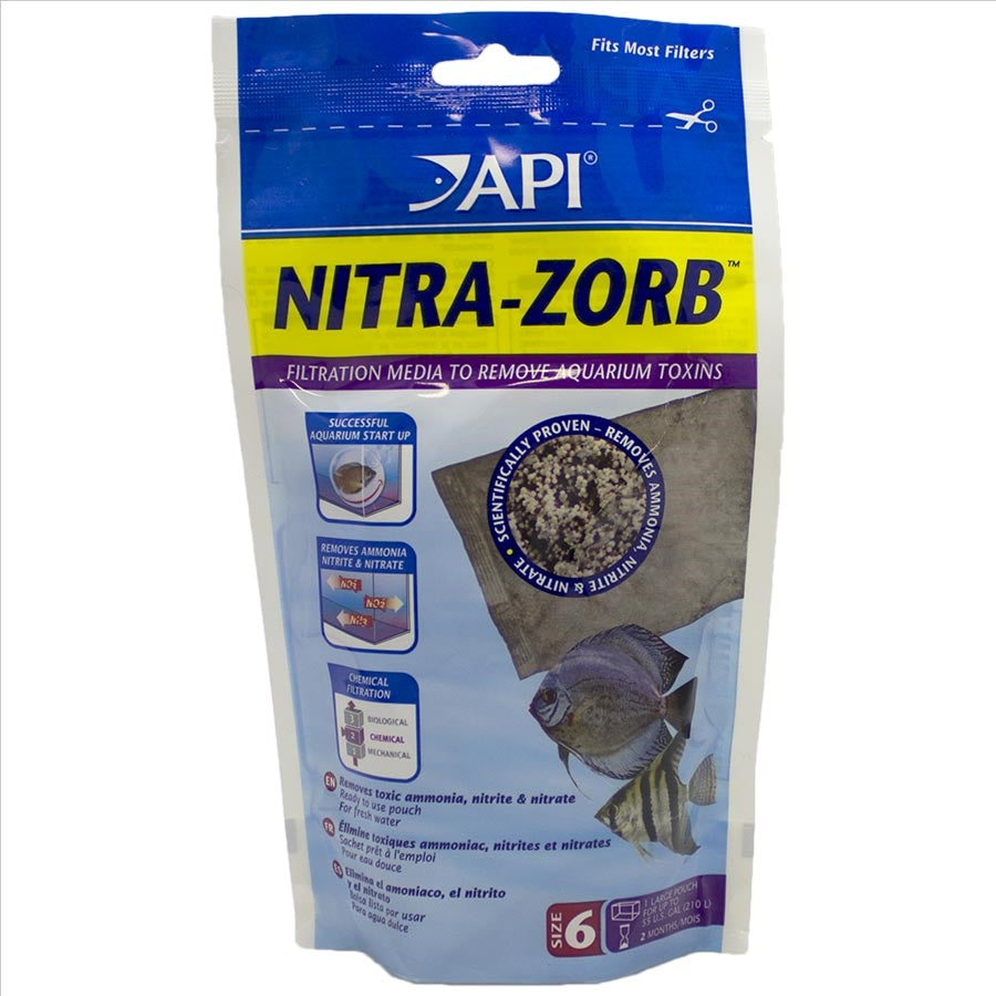 Packaging of API Nitra-Zorb filtration media pouch for aquarium water treatment.