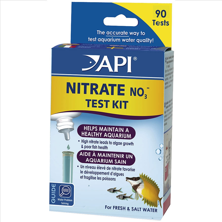 Packaging of API Nitrate Test Kit for measuring nitrate levels in both fresh and saltwater aquariums.