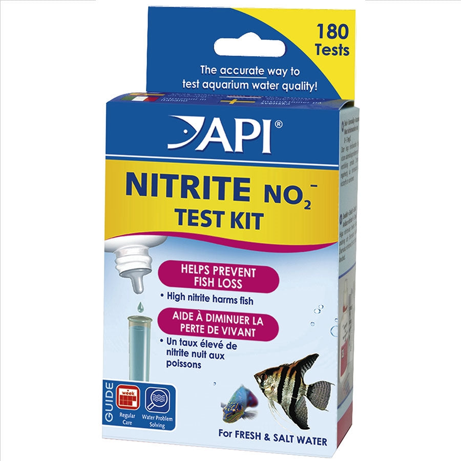 Packaging of API Nitrite Test Kit with product details and branding.