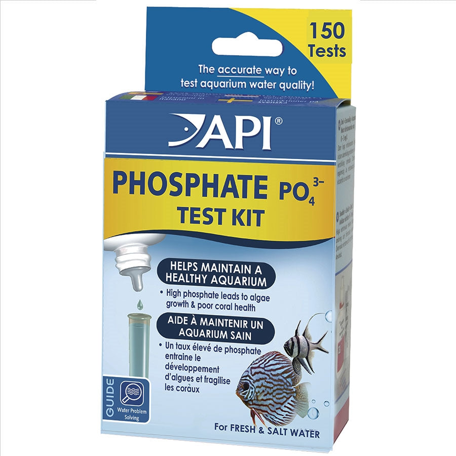 Packaging of API Phosphate Test Kit for aquarium water testing. The box is predominantly blue with images of fish and aquatic plants on it, and text that indicates it can perform 150 tests.