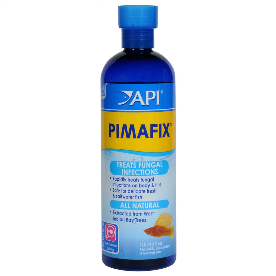 A bottle of API Pimafix, an anti-fungal remedy for fish, with labeling and branding visible.