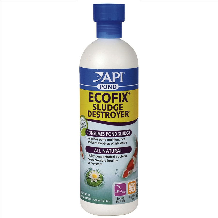 A bottle of API Pond Ecofix Sludge Destroyer, which is a bacterial pond clarifier.