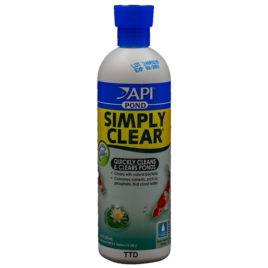 A bottle of API Pond Simply Clear pond clarifier with a blue cap and label featuring images of fish and aquatic plants.